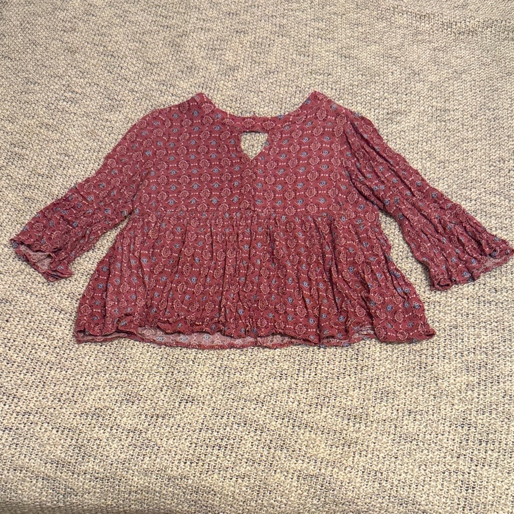 Altar’d State Boho Peplum Blouse – Size Small – Burgundy Print